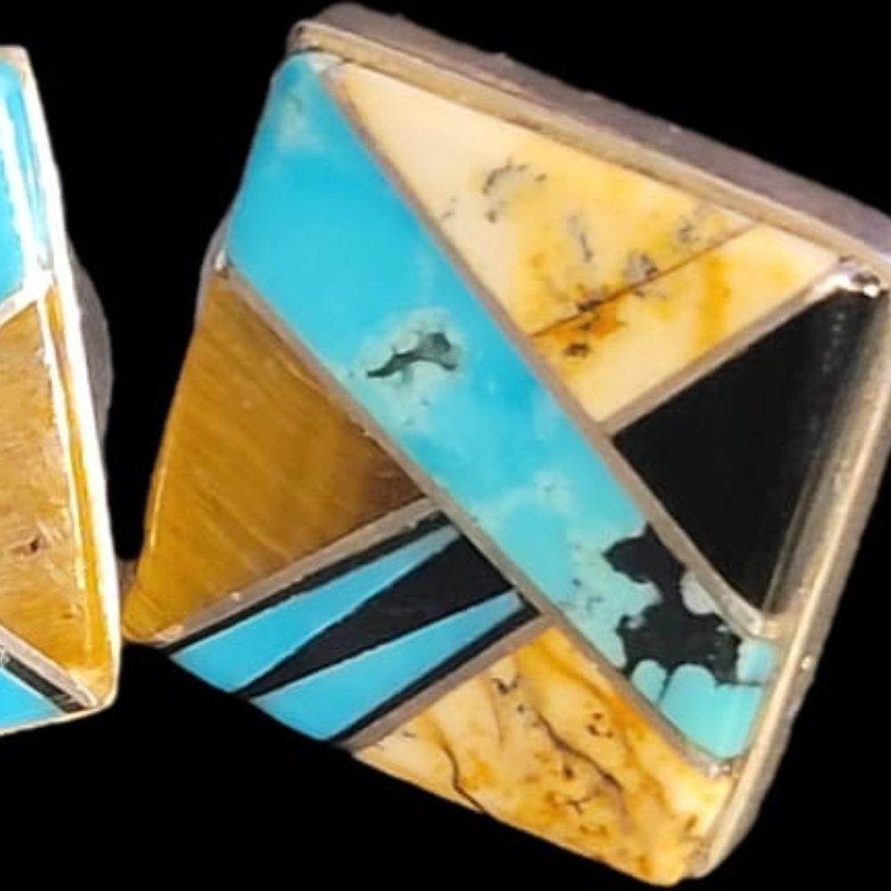 Calvin Begay 925 Sterling Silver Jasper/Onyx/Tiger-eye Earrings